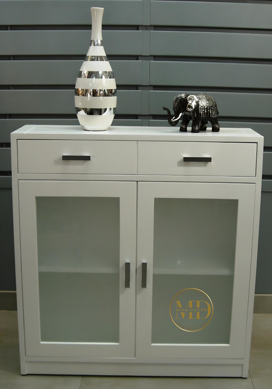 Mueble Recibidor dos cajones superiores, dos puertas con cristal y balda interior.