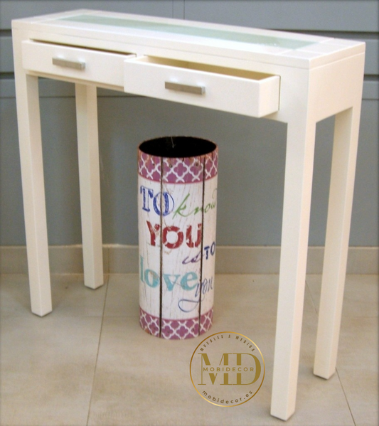 Mueble Consola recibidor de madera con dos cajones y tapa de cristal.