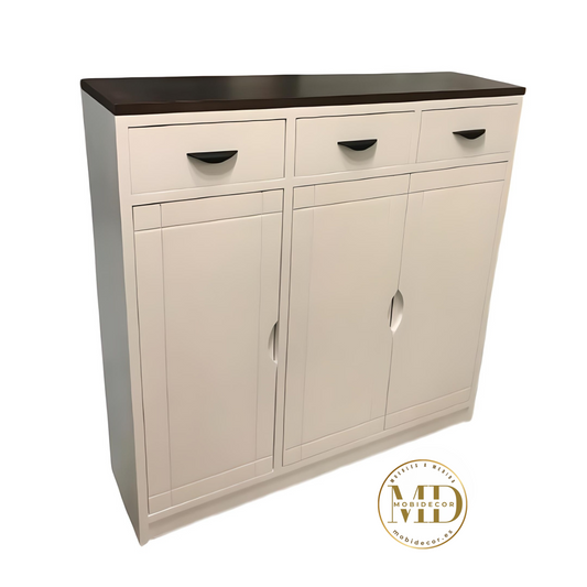 Mueble Auxiliar Aparador de madera con cuatro cajones, dos puertas con cristal y aspas.