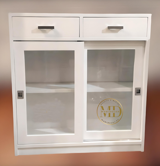 Mueble Recibidor dos cajones superiores, dos puertas correderas con cristal y balda interior.