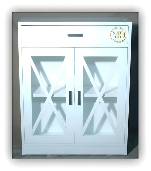 Mueble Recibidor con dos cajones superiores, dos puertas con cristal, Aspas y balda interior.
