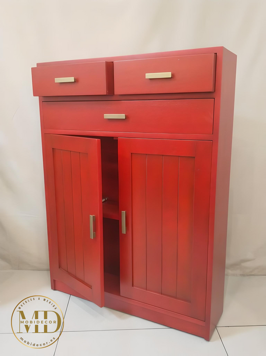 Mueble Recibidor de madera, con tres cajones superiores y dos puertas a rayas.