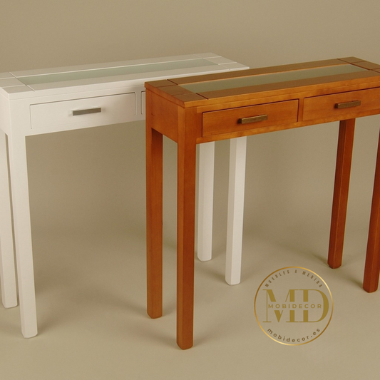 Mueble Consola recibidor de madera con dos cajones y tapa de cristal.