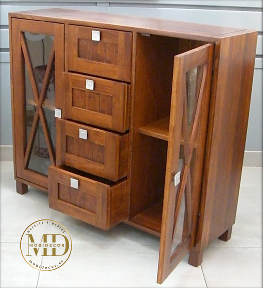 Mueble Auxiliar Aparador con cuatro cajones, dos puertas con cristal y baldas al centro.