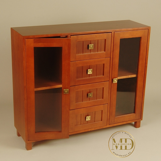 Mueble Auxiliar Aparador con cuatro cajones, dos puertas con cristal y baldas al centro.