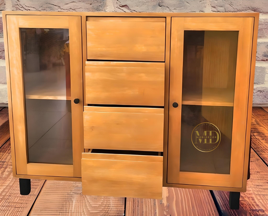 Mueble Auxiliar Aparador con cuatro cajones, dos puertas con cristal y baldas al centro.