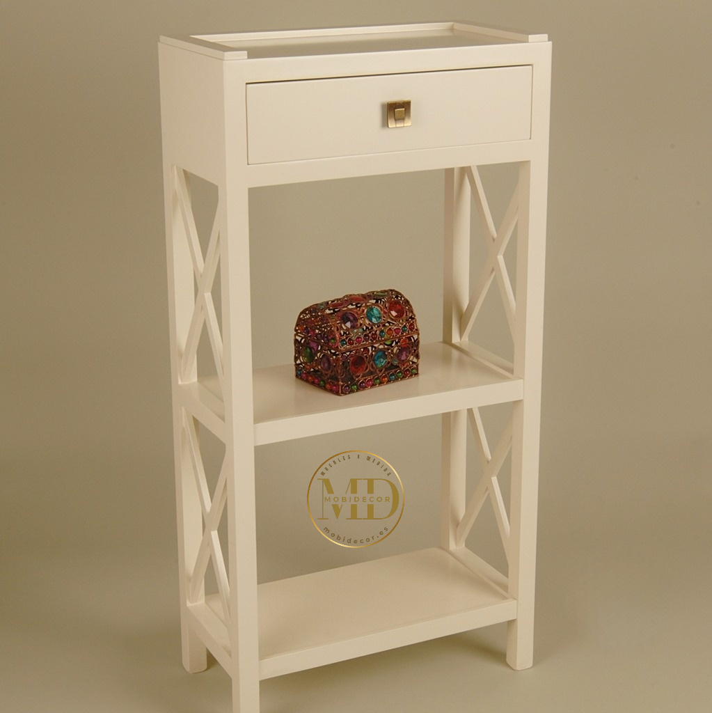 Mueble Auxiliar librero de madera con un cajón y dos baldas.