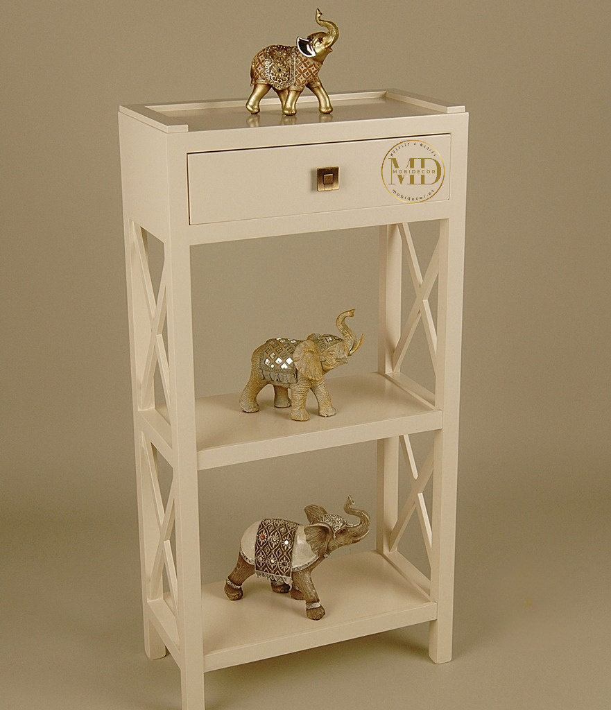 Mueble Auxiliar librero de madera con un cajón y dos baldas.