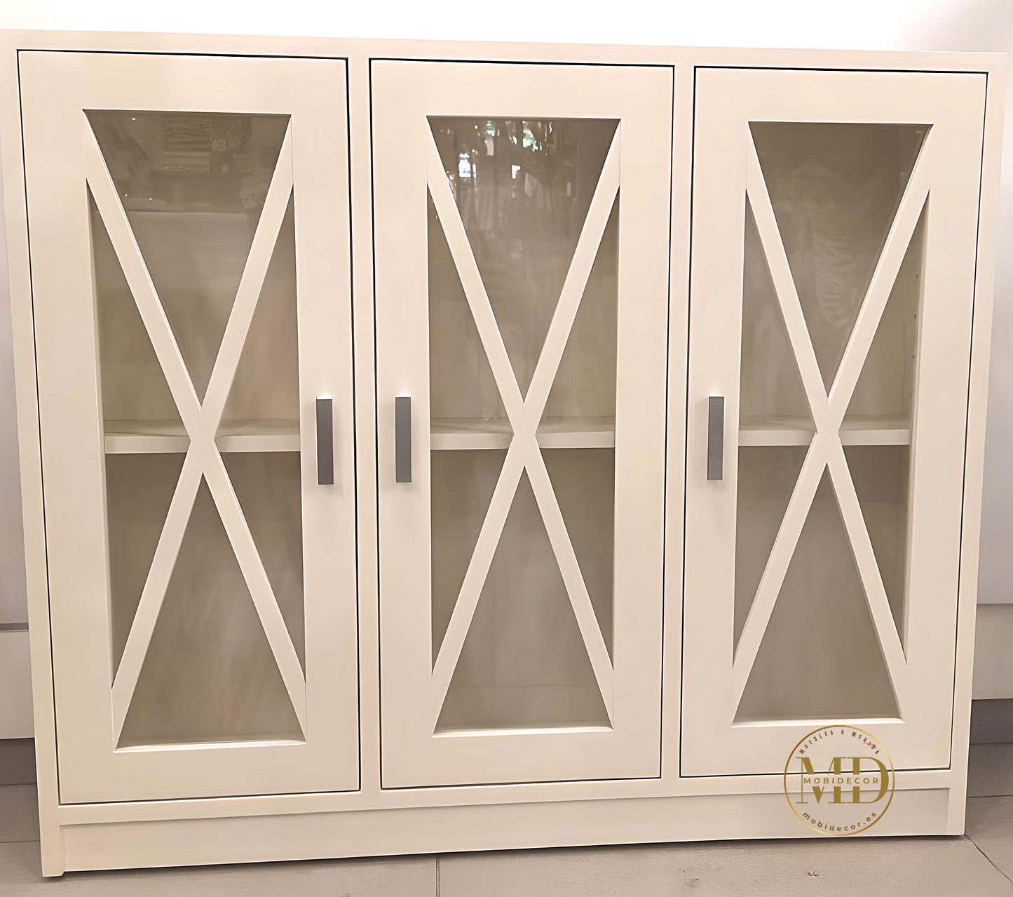 Mueble Auxiliar de madera 3 Puertas con cristal, aspas y balda interior