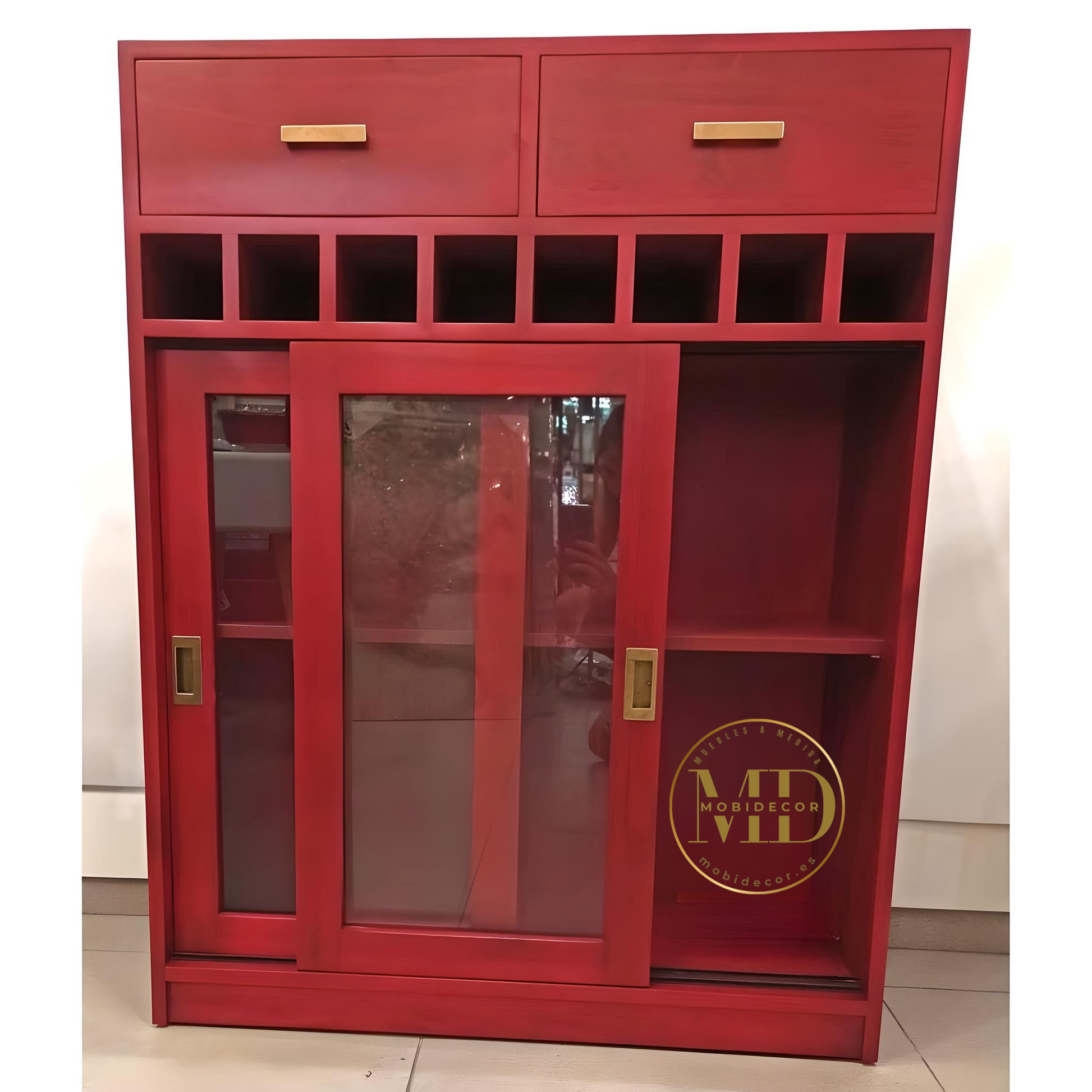 Mueble Auxiliar de madera con 2 cajones superiores, Botellero y 2 Puertas con cristal y balda interior.