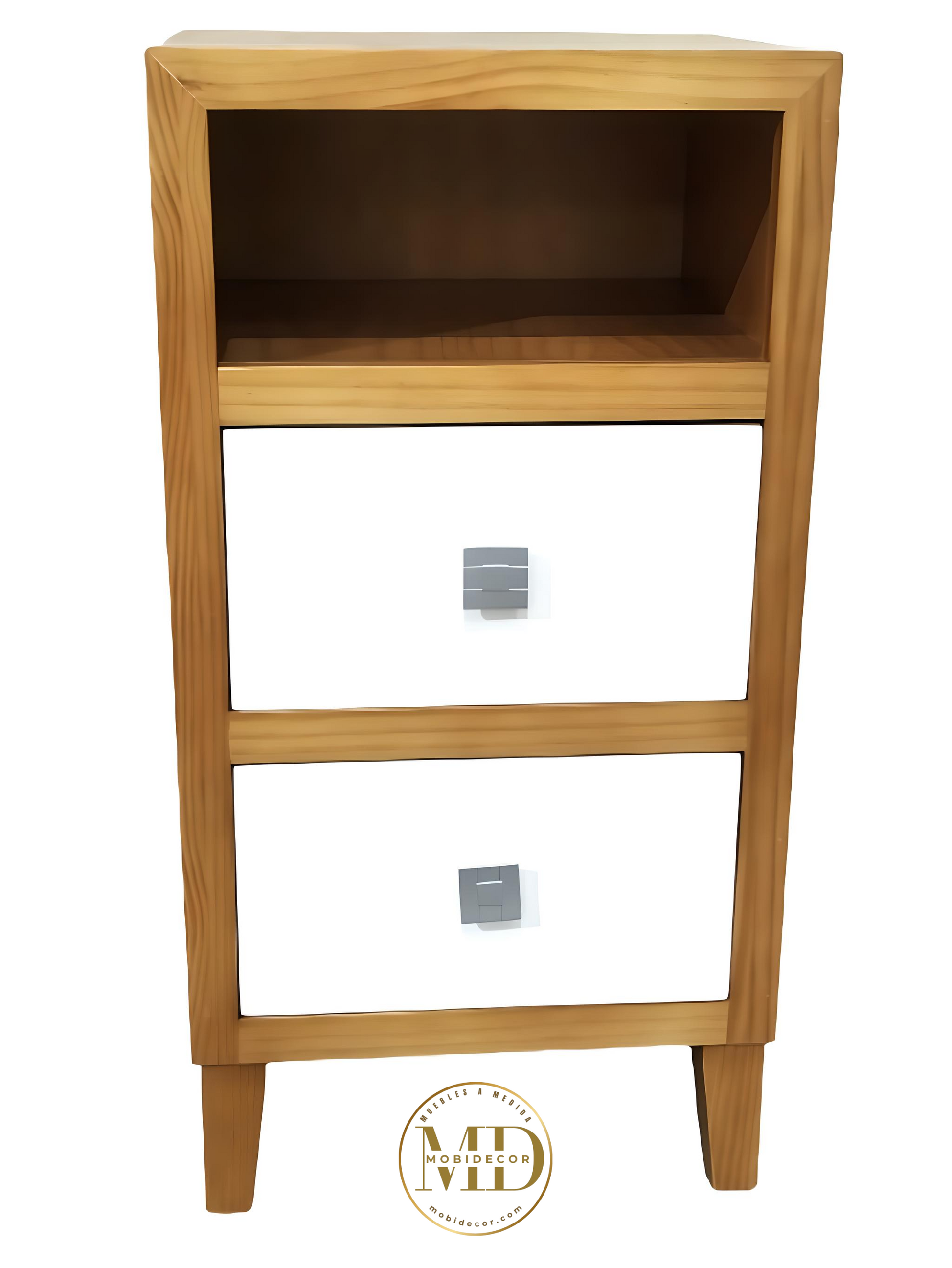 Mesilla de noche de madera con un hueco y dos cajones. Ancho 30 cm.