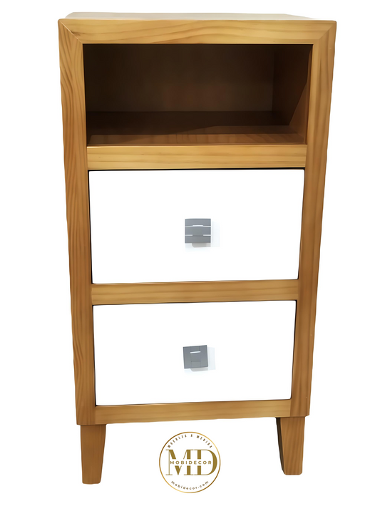 Mesilla de noche de madera con un hueco y dos cajones. Ancho 30 cm.