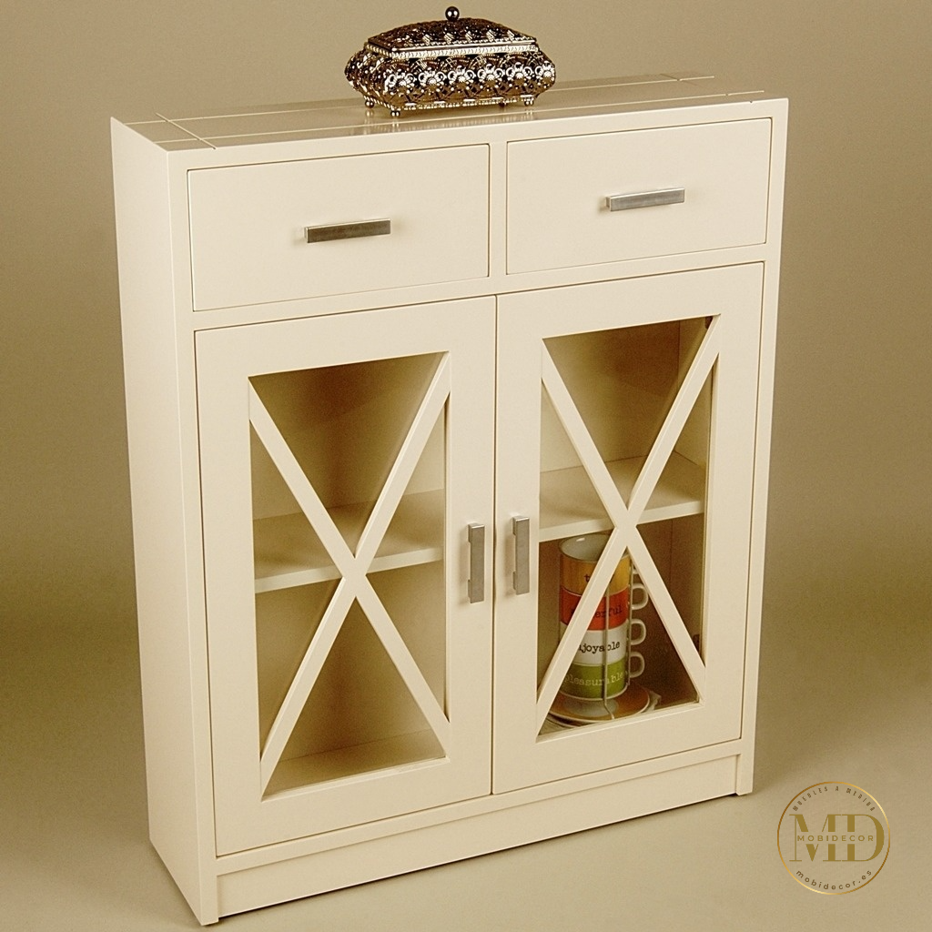 Mueble Recibidor con dos cajones superiores, dos puertas con cristal, Aspas y balda interior.