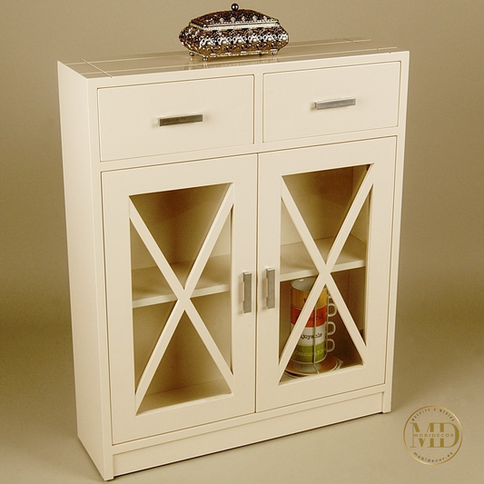 Mueble Recibidor con dos cajones superiores, dos puertas con cristal, Aspas y balda interior.