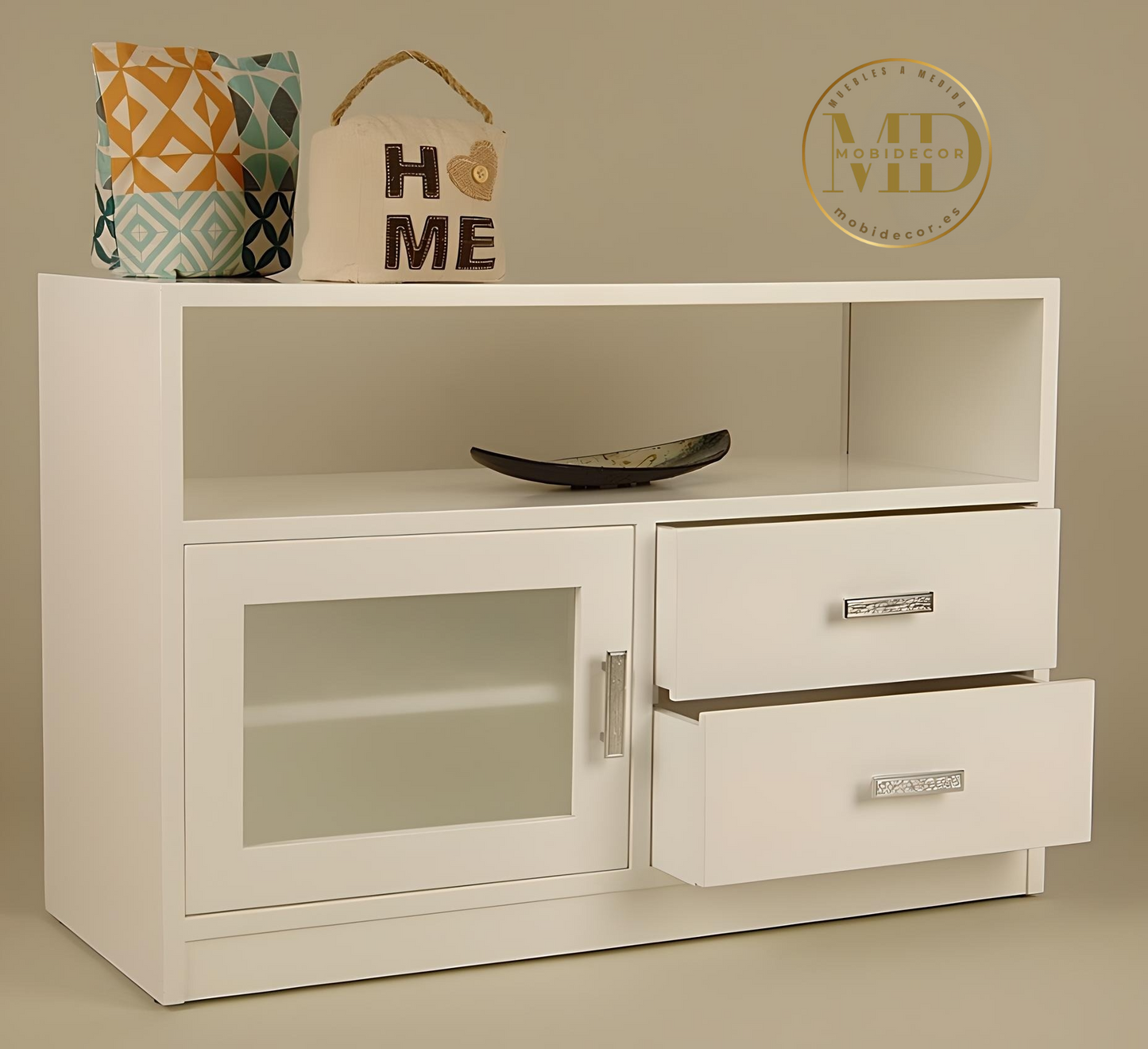 Mueble para Televisión con vano, dos cajones, puerta con cristal y balda interior.