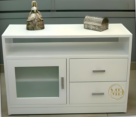 Mueble para Televisión con vano, dos cajones, puerta con cristal y balda interior.