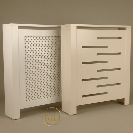 Cubreradiador de madera diseñado con celosía o a rayas horizontales.
