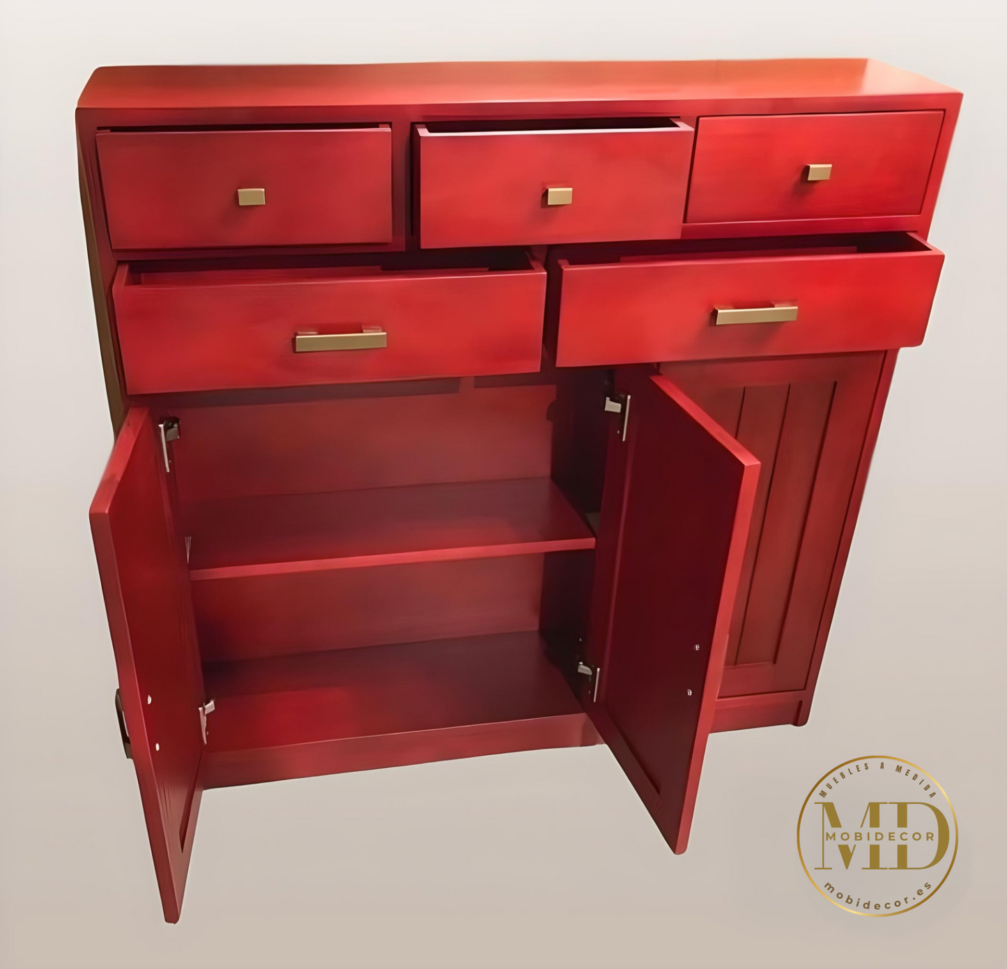 Mueble Recibidor con dos cajones superiores y dos puertas a rayas.