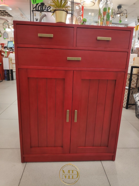 Mueble Recibidor de madera, con tres cajones superiores y dos puertas a rayas.