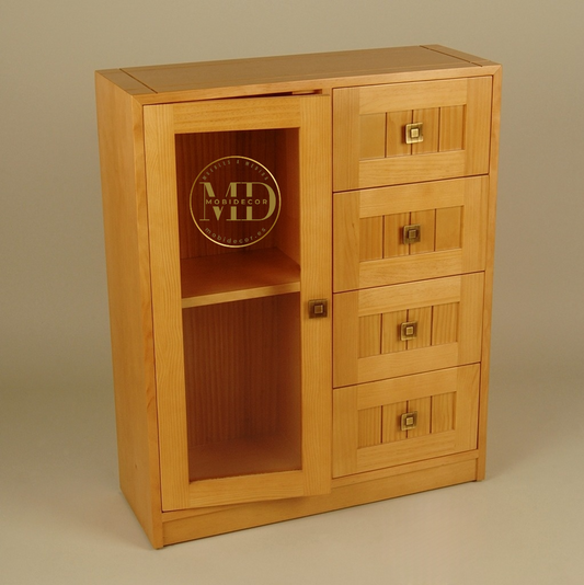 Mueble Recibidor con una puerta lateral con cristal y cuatro cajones a rayas con tirador.