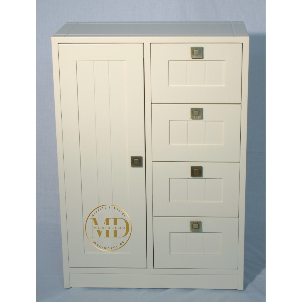 Mueble Recibidor con una puerta lateral con cristal y cuatro cajones a rayas con tirador.