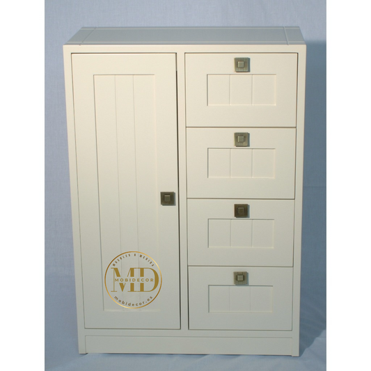 Mueble Recibidor con una puerta lateral con cristal y cuatro cajones a rayas con tirador.