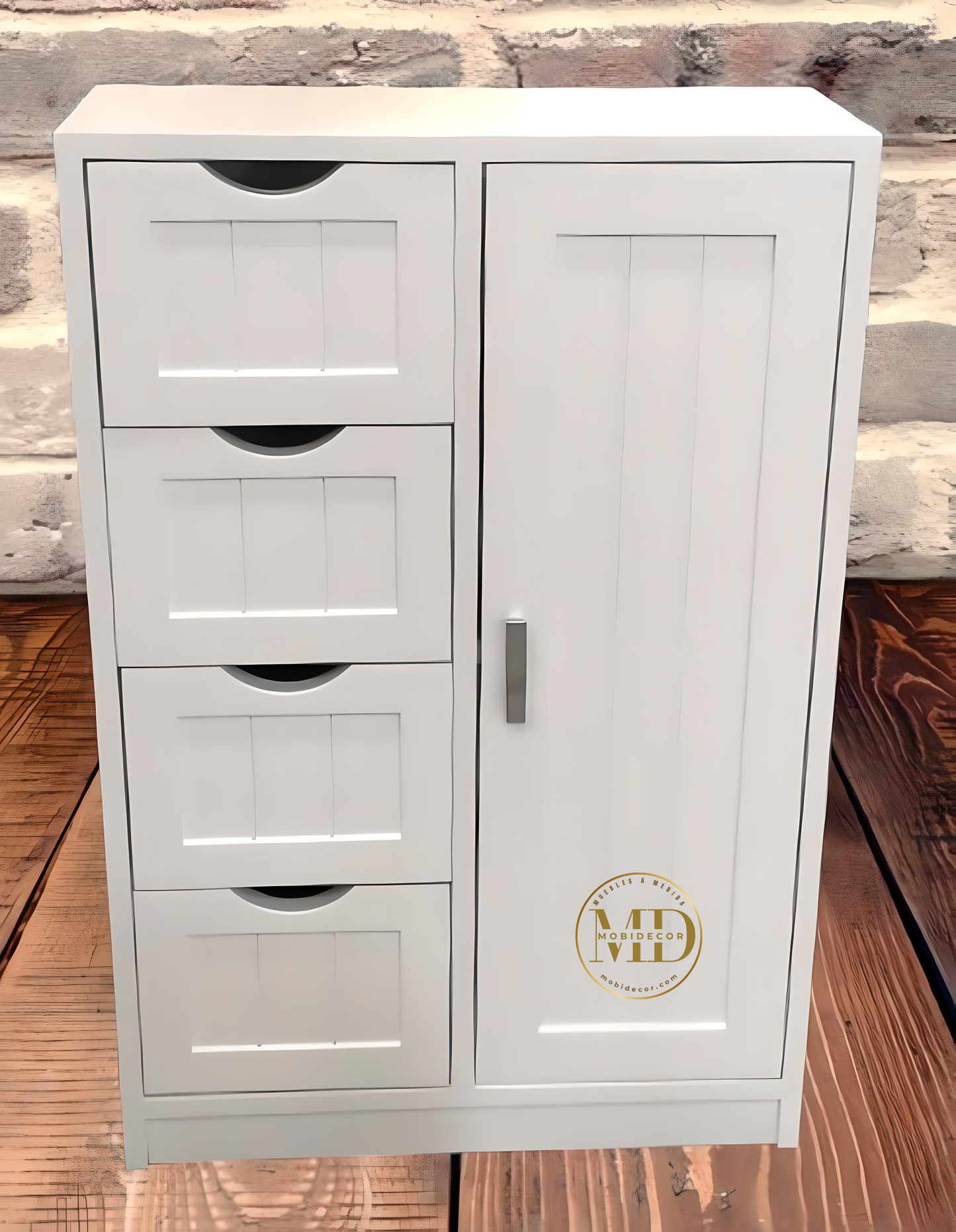 Mueble Recibidor con una puerta lateral y cuatro cajones a rayas con uñero