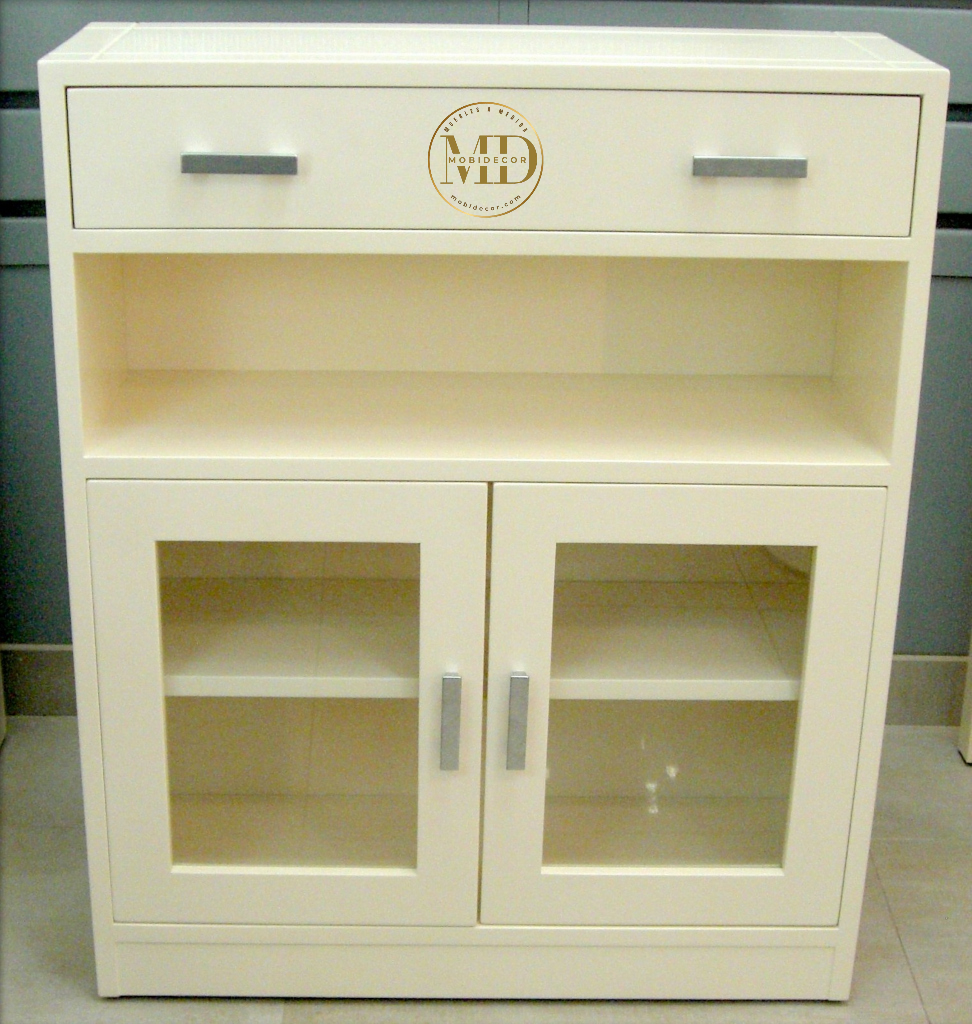 Mueble Recibidor con cajón superior, vano, dos puertas con cristal y con balda interior.