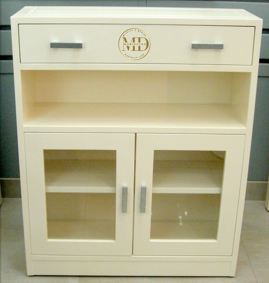 Mueble Recibidor con cajón superior, vano, dos puertas con cristal y con balda interior.