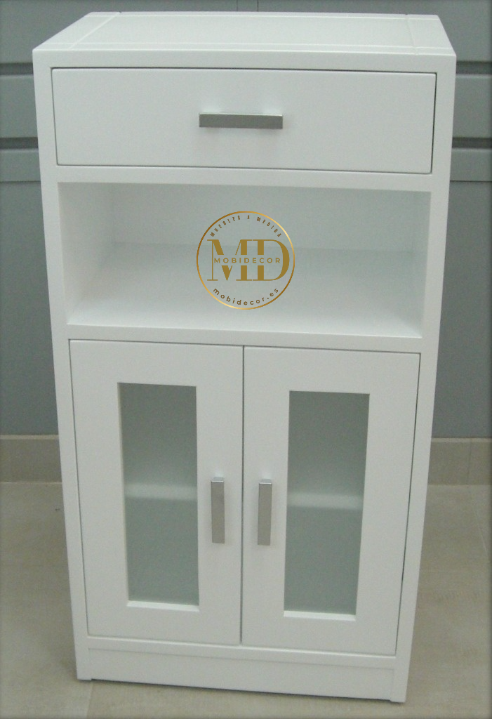 Mueble Recibidor con cajón superior, vano, dos puertas con cristal y balda interior.