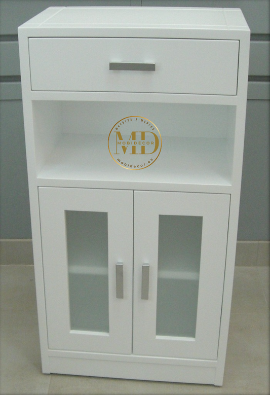 Mueble Recibidor con cajón superior, vano, dos puertas con cristal y balda interior.